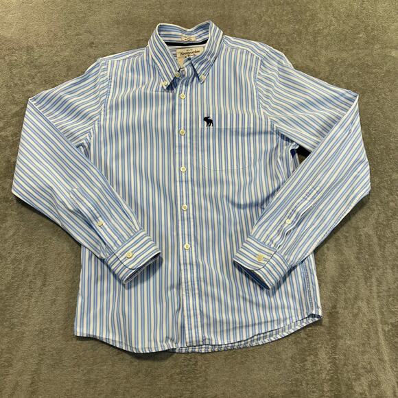 Abercrombie and Fitch Muscle Shirt Medium Blue & White Stripe Button Up Preppy - Picture 1 of 9
